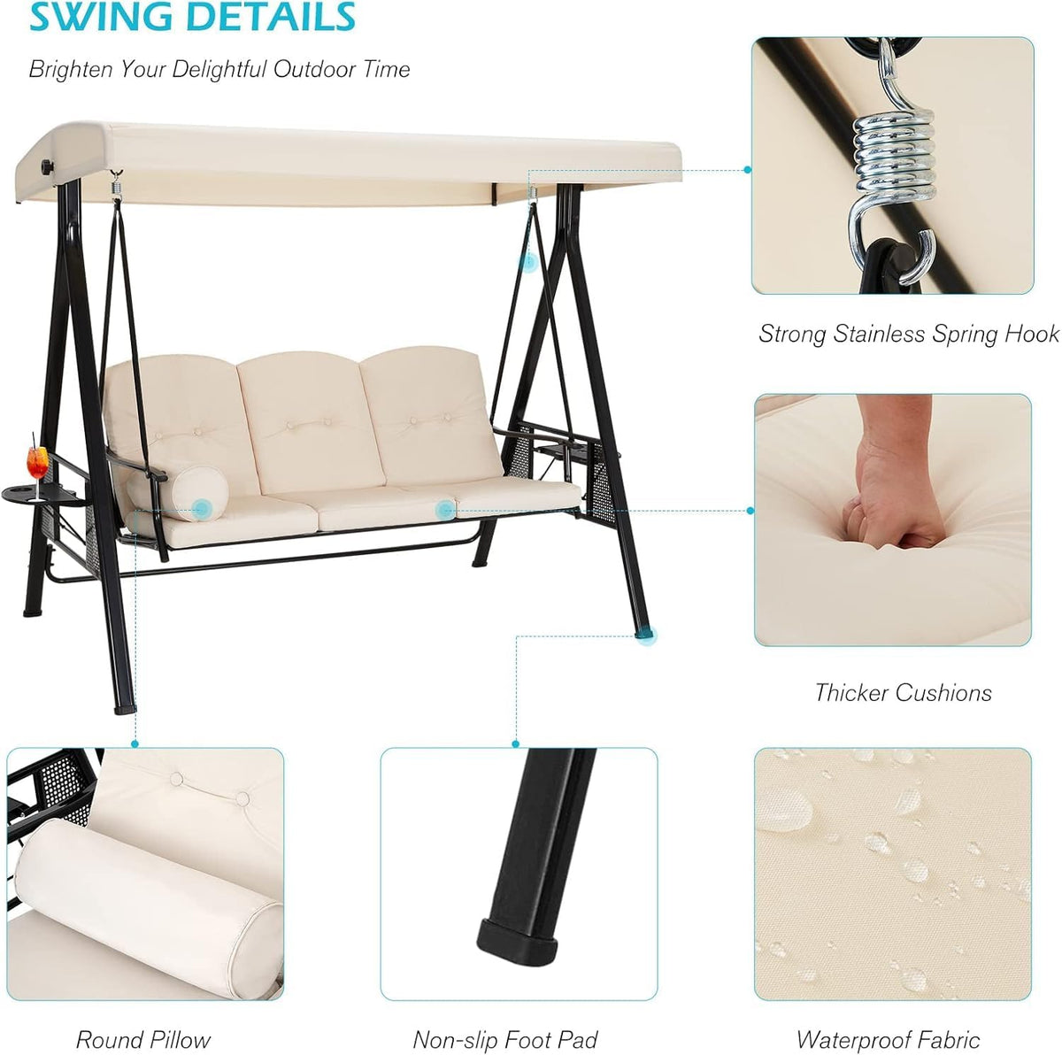 3‑Seat Adjustable Canopy Porch Swing