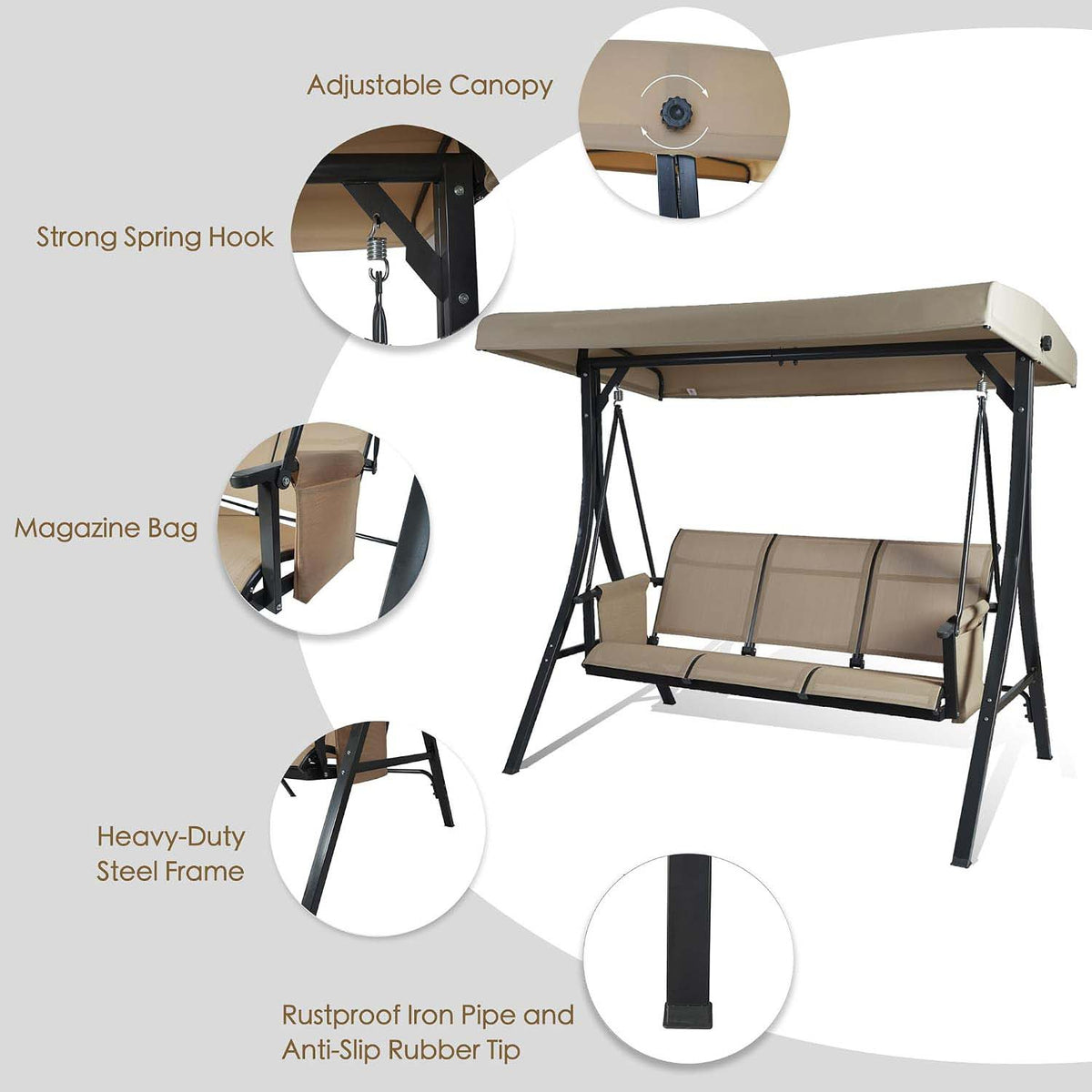 3‑Seat Outdoor Patio Porch Swing Glider