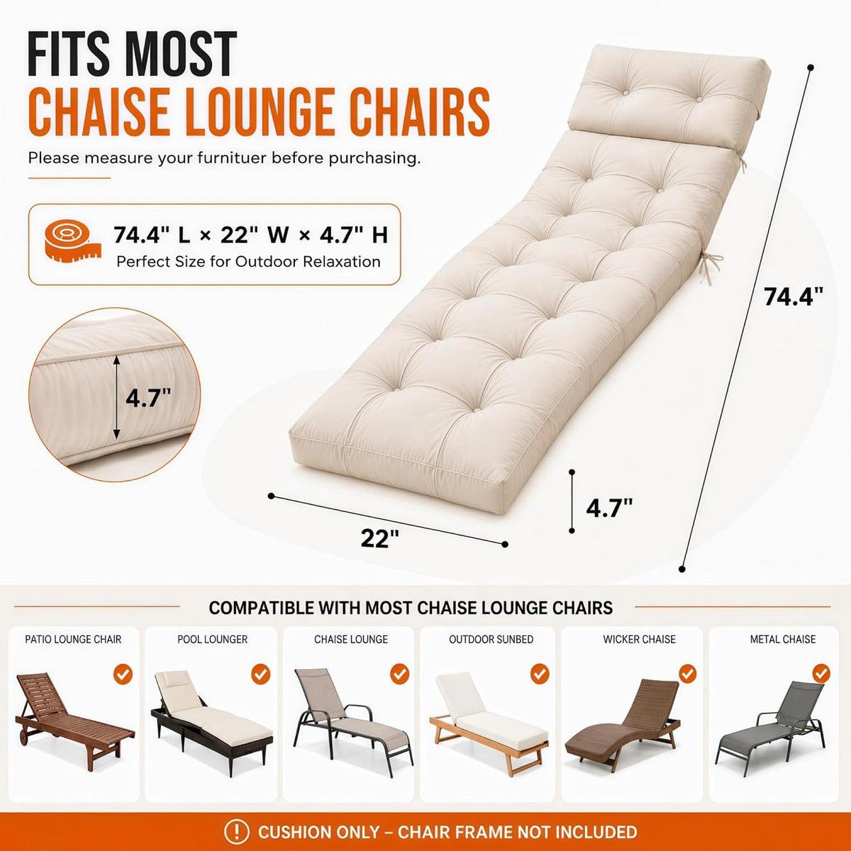 Waterproof Outdoor Chaise Lounge Cushion