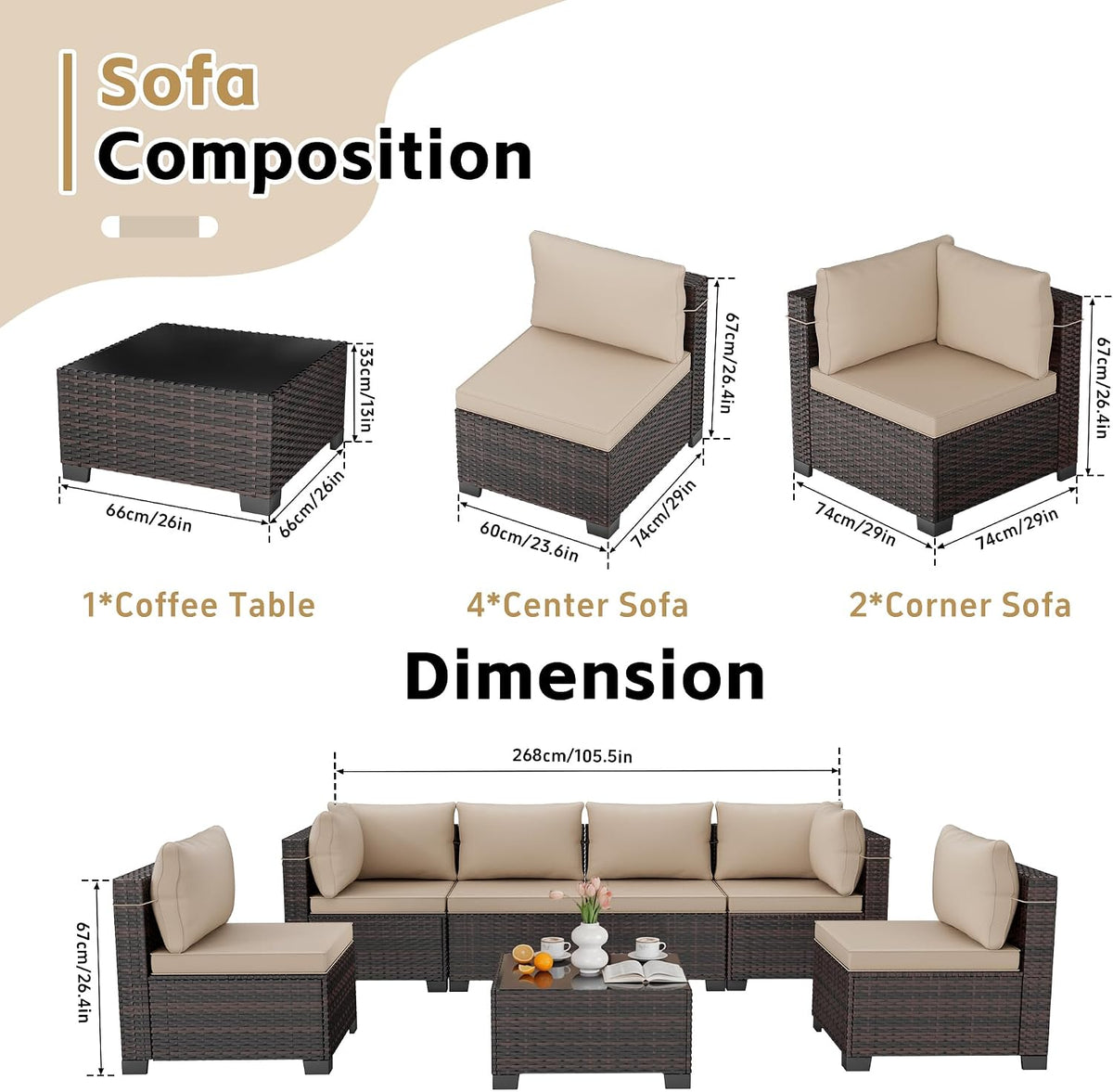 7‑Piece Wicker Rattan Patio Sofa Set