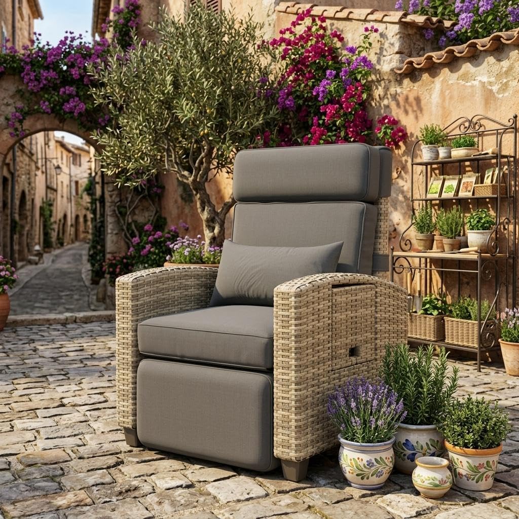 Adjustable Wicker Patio Recliner Lounge Chair