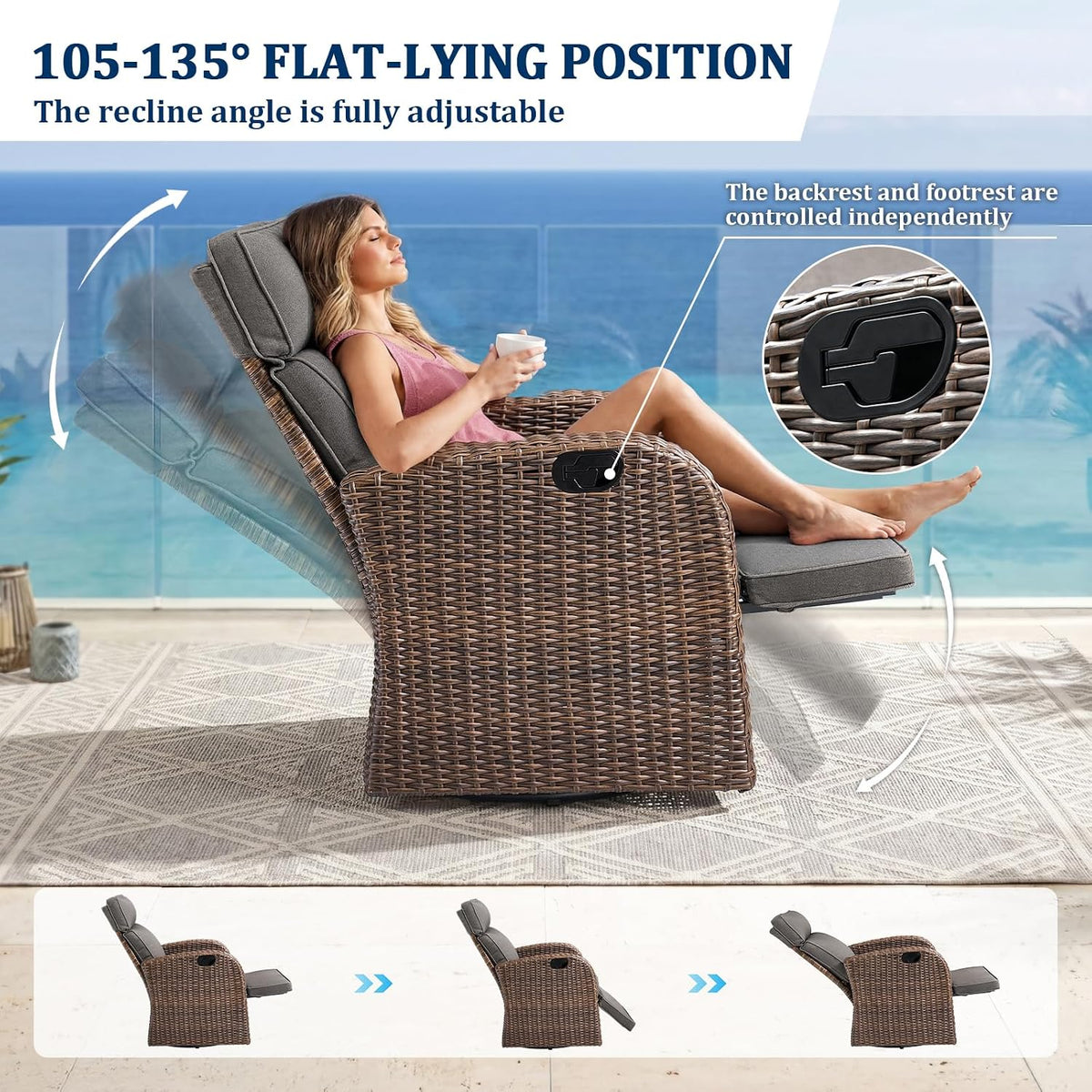 Wicker Swivel Patio Recliner Lounge Chair