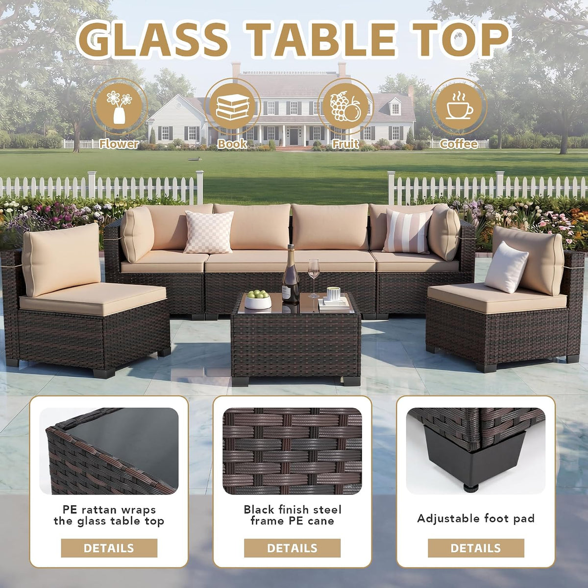 7‑Piece Wicker Rattan Patio Sofa Set