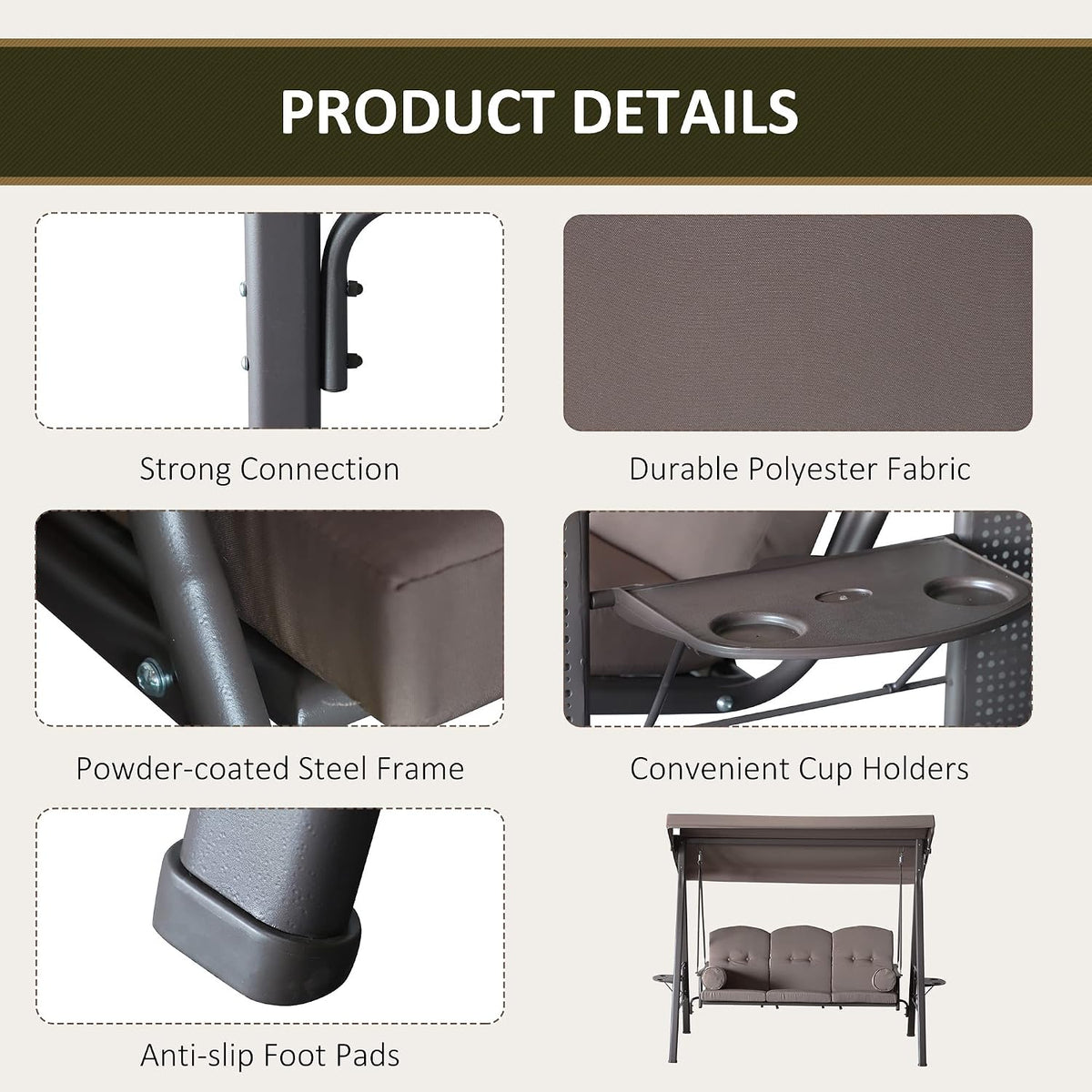 3‑Seat Adjustable Canopy Patio Swing Chair