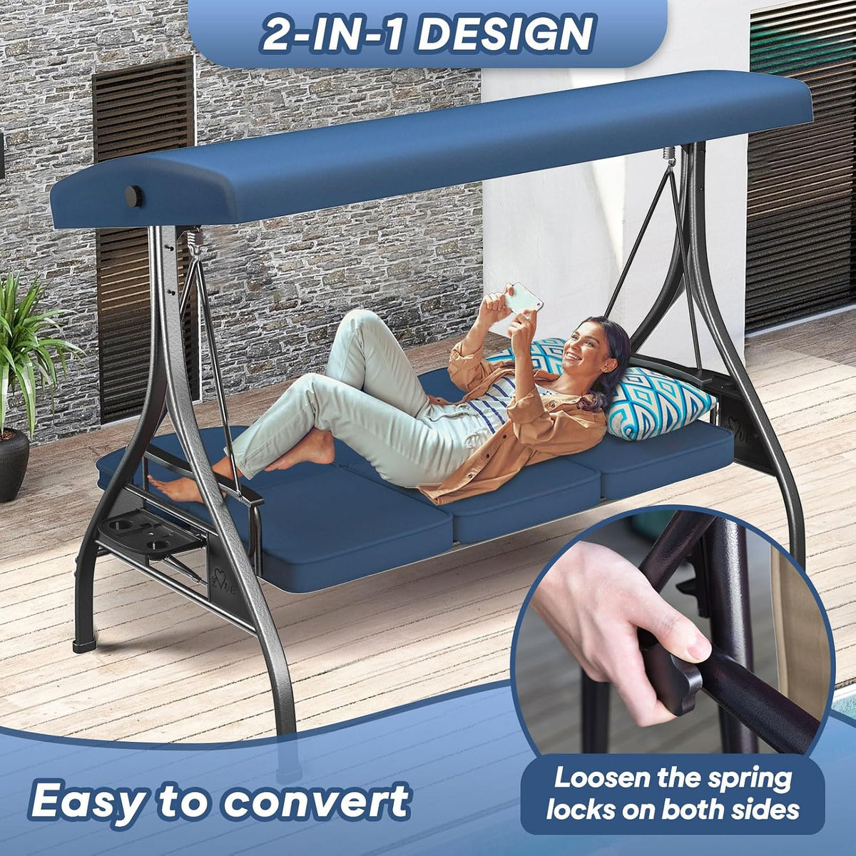 3‑Seat Convertible Canopy Patio Swing Bed