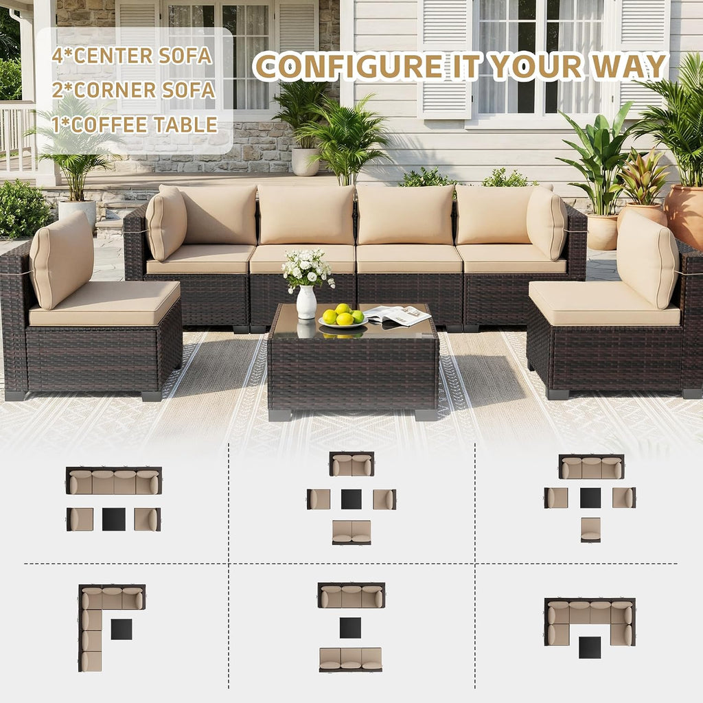 7‑Piece Wicker Rattan Patio Sofa Set