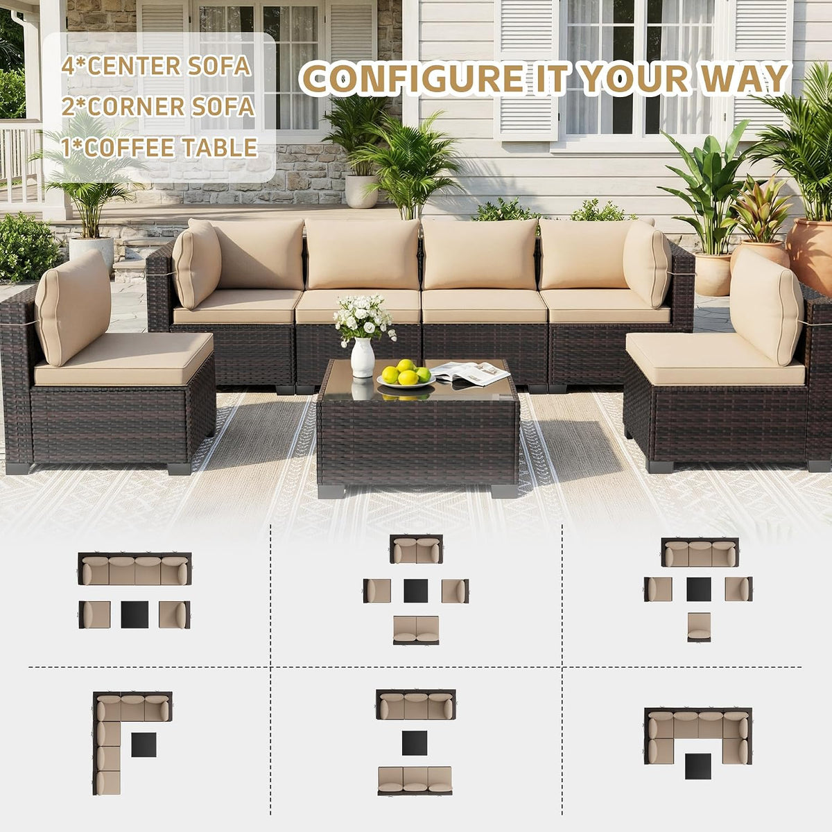 7‑Piece Wicker Rattan Patio Sofa Set