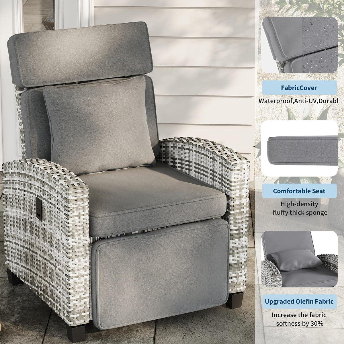 Adjustable Wicker Patio Recliner Lounge Chair
