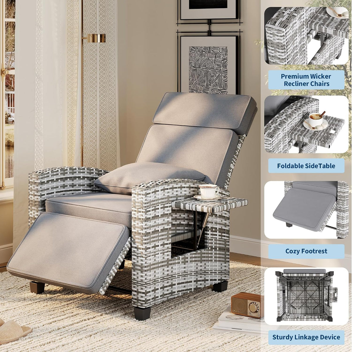Adjustable Wicker Patio Recliner Lounge Chair